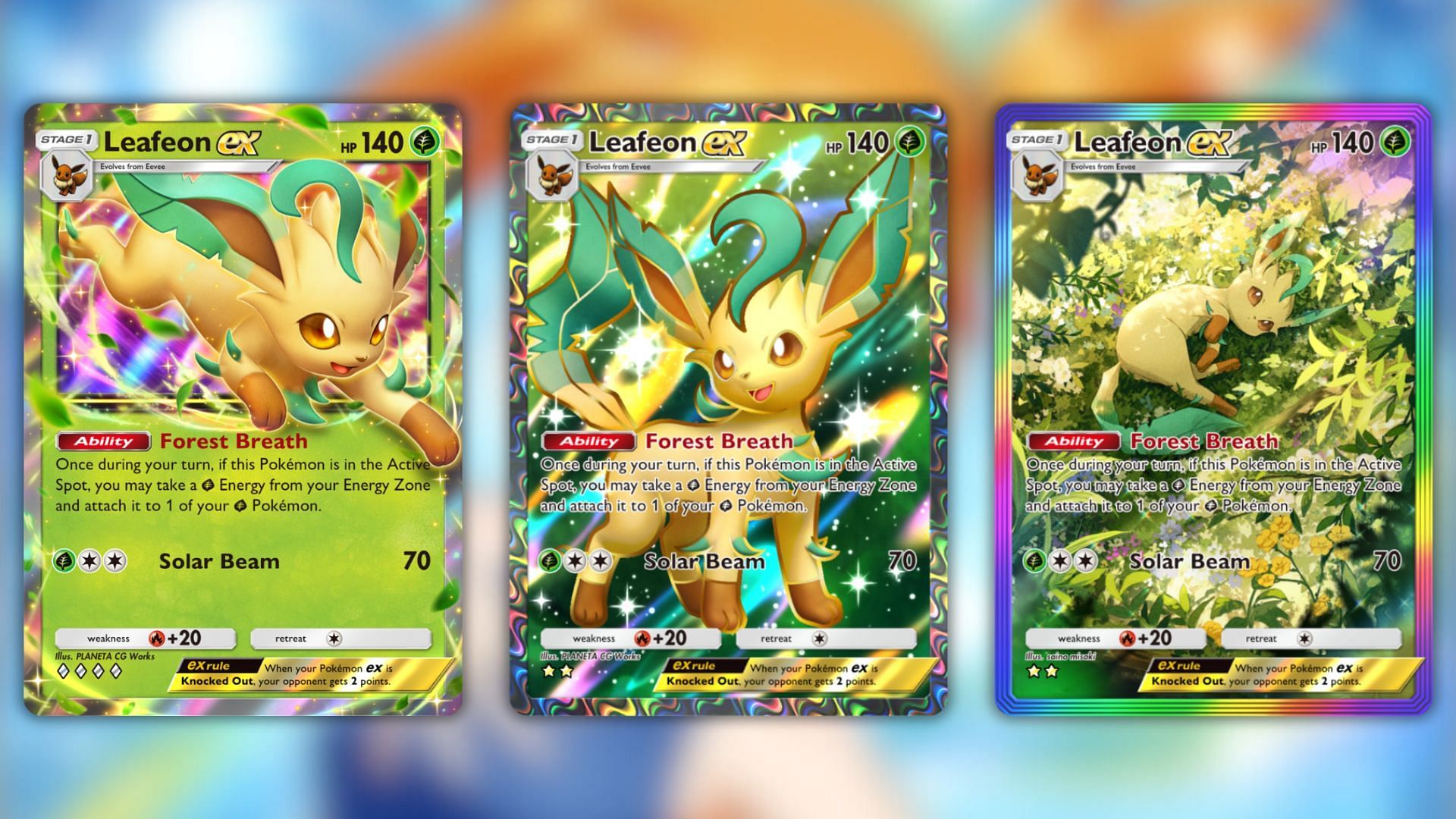 All Leafeon ex variants in the game (Image via The Pokemon Company)